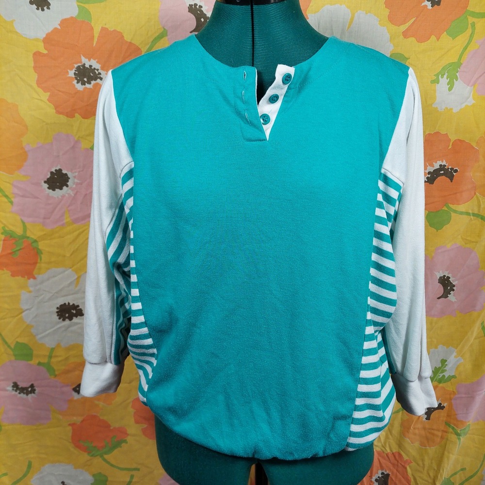 Vintage 80s Essex Junction Teal White Striped Henley Batwing Pullover Top Small